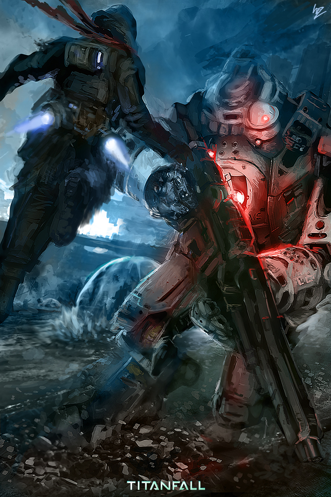 1boy, atlas_(titanfall), jetpack, logo, mecha, robot, scarf, signature, stryder_(titanfall), titanfall, titanfall_(series), w-e-z