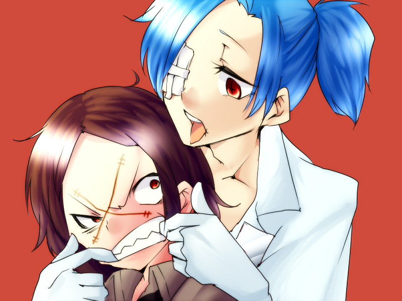 +_+, 2girls, :p, angry, bad_id, bad_pixiv_id, blue_hair, brown_hair