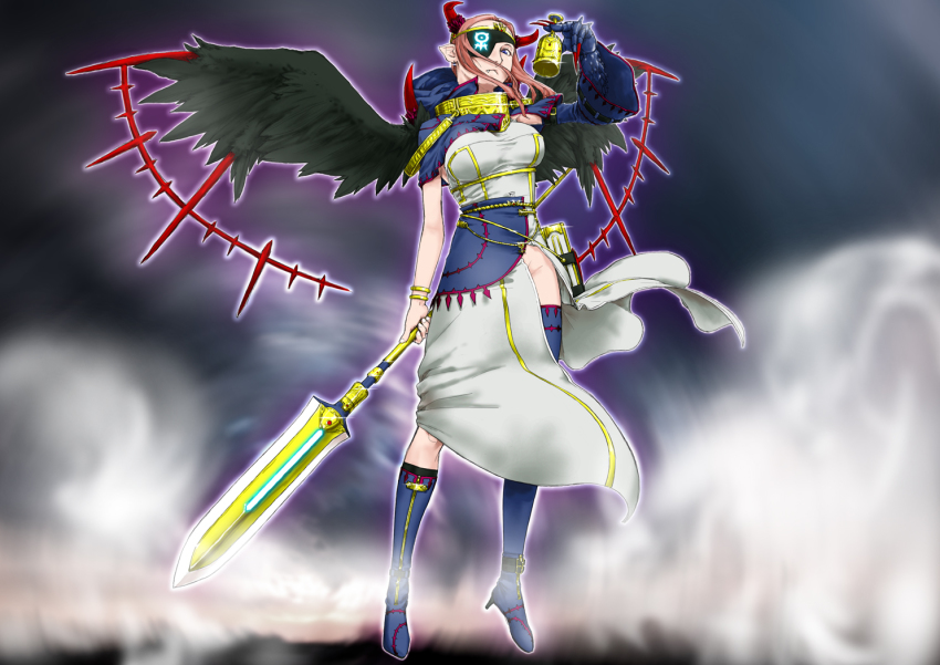 1girl, armpits, asymmetrical_legwear, black_wings, blue_hair, book, breasts, chalice, condemned_maiden, cup, delta_(delta0127), duel_monster, eyepatch, fang, female_focus, forbidden_chalice, forbidden_dress, forbidden_lance, forbidden_scripture, forbidden_tome, forsaken_maiden, hood, horns, lance, large_breasts, looking_at_viewer, mismatched_legwear, polearm, red_hair, solo, weapon, wings, yu-gi-oh!