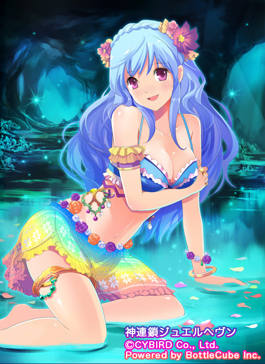 1girl, arm_support, barefoot, bikini, blue_hair, bracelet, braid, cave, female_focus, flower, hair_flower, hair_ornament, hanesaka_rio, jewelry, long_hair, lots_of_jewelry, navel, original, petals, purple_eyes, sitting, skirt, smile, solo, swimsuit, water
