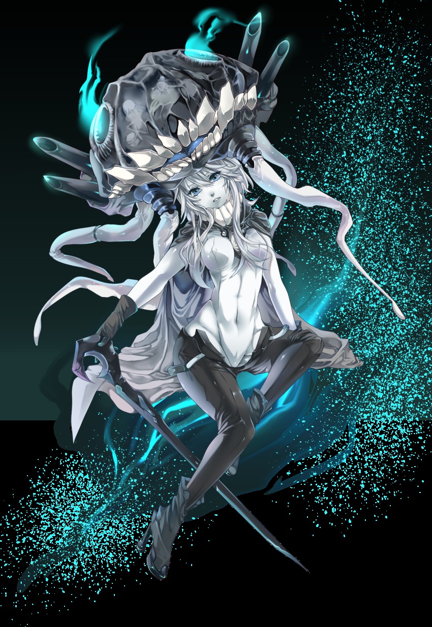 10s, 1girl, absurdres, abyssal_ship, ankle_boots, aqua_eyes, bodysuit, boots