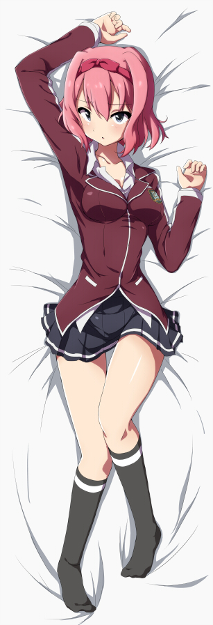 1girl, black_eyes, blush, bow, breasts, dakimakura_(medium), duel_academy_uniform_(yu-gi-oh!_5d's), female_focus, full_body, hair_bow, hairband, legs, looking_at_viewer, lying, on_back, pink_hair, rariemonn, school_uniform, short_hair, skirt, solo, tsan_dire, yu-gi-oh!, yu-gi-oh!_5d's, yu-gi-oh!_tag_force