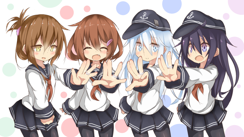 10s, 4girls, akatsuki_(kancolle), anchor_symbol, ascot, beize_(garbage), black_hair, black_legwear