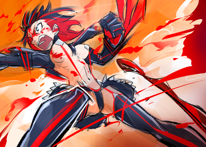10s, 1girl, alternate_costume, black_hair, blood, blood_on_face, blood_splatter, blue_eyes