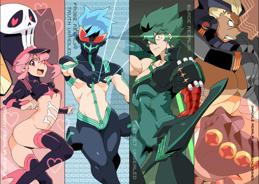 10s, 1girl, 3boys, angry, armor, ass, black_thighhighs, blonde_hair, blue_hair, boots, clenched_teeth, column_lineup, gamagoori_ira, gamagoori_ira_(scourge_regalia), go-gyan-sun, green_hair, hat, heart, highres, inumuta_houka, inumuta_houka_(probe_regalia), jakuzure_nonon, kill_la_kill, mask, midriff, multiple_boys, muscular, pink_eyes, pink_hair, sanageyama_uzu, sanageyama_uzu_(blade_regalia), shako_cap, short_hair, sidelocks, smile, spiked_hair, spoilers, jakuzure_nonon_(symphony_regalia), tan, teeth, thigh_boots, thighhighs