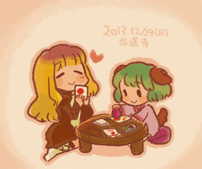 2girls, :>, animal_ears, brown_hair, dated, dress, closed_eyes, gradient_hair