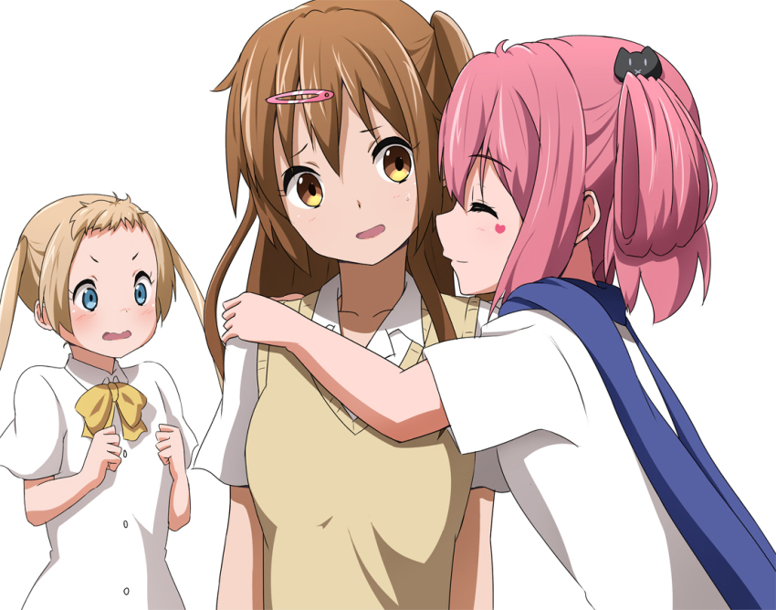 10s, 3girls, ame., blonde_hair, blue_eyes, brown_eyes, brown_hair, cheating_(relationship), chuunibyou_demo_koi_ga_shitai!, dekomori_sanae, closed_eyes, hair_rings, hug, long_hair, multiple_girls, netorare, nibutani_shinka, pink_hair, scarf, school_uniform, shichimiya_satone, side_ponytail, surprised, twintails, yuri