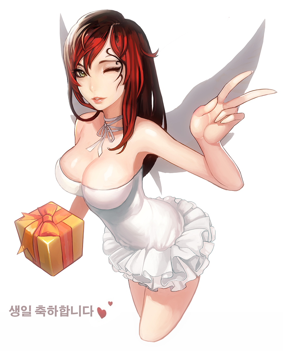 1girl, bare_shoulders, breasts, choker, cleavage, dress, facial_mark, female_focus, fingernails, from_above, frostce, gift, green_eyes, hair_between_eyes, happy_birthday, heart, highres, korean_text, large_breasts, lips, long_fingernails, long_hair, one_eye_closed, parted_lips, red_hair, ribbon_choker, short_dress, simple_background, solo, swept_bangs, v, white_background, white_dress, wings, wink