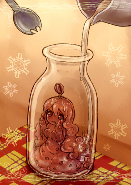 1girl, breasts, brown_eyes, brown_hair, coffee, dark_skin, in_container, jar, kabopan, mini_person, minigirl, monster_girl, open_mouth, pouring, slime_girl, spoon, tears, wavy_hair