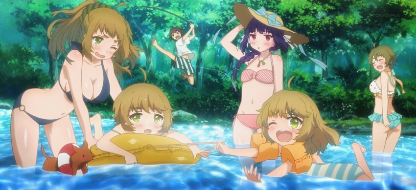 10s, 5girls, bikini, blush, boxers, braid, breasts, brown_eyes