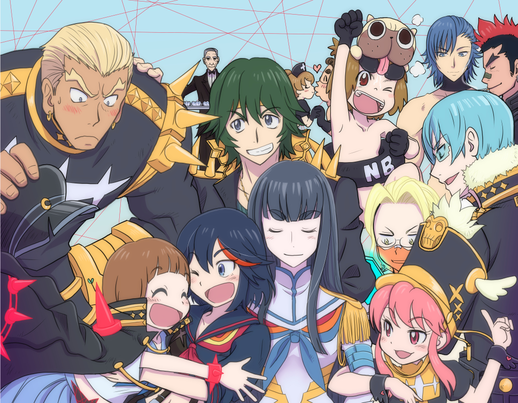 10s, 6+boys, 6+girls, ayaran, blush, closed_eyes, dog, epaulettes, everyone, gamagoori_ira, grin, guts_(kill_la_kill), hat, hug, innertube, inumuta_houka, iori_shirou, jakuzure_nonon, junketsu, kill_la_kill, kinagase_tsumugu, kiryuuin_satsuki, kiss, mankanshoku_barazou, mankanshoku_mako, mankanshoku_matarou, mankanshoku_sukuyo, matoi_ryuuko, mikisugi_aikurou, multiple_boys, multiple_girls, nudist_beach_uniform, open_mouth, sanageyama_uzu, senketsu, shako_cap, smile, soroi_mitsuzou, spikes, spoilers, swim_ring