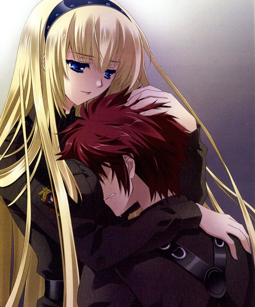 1boy, 1girl, belt, blonde_hair, blue_eyes, breast_smother, breasts, carnelian