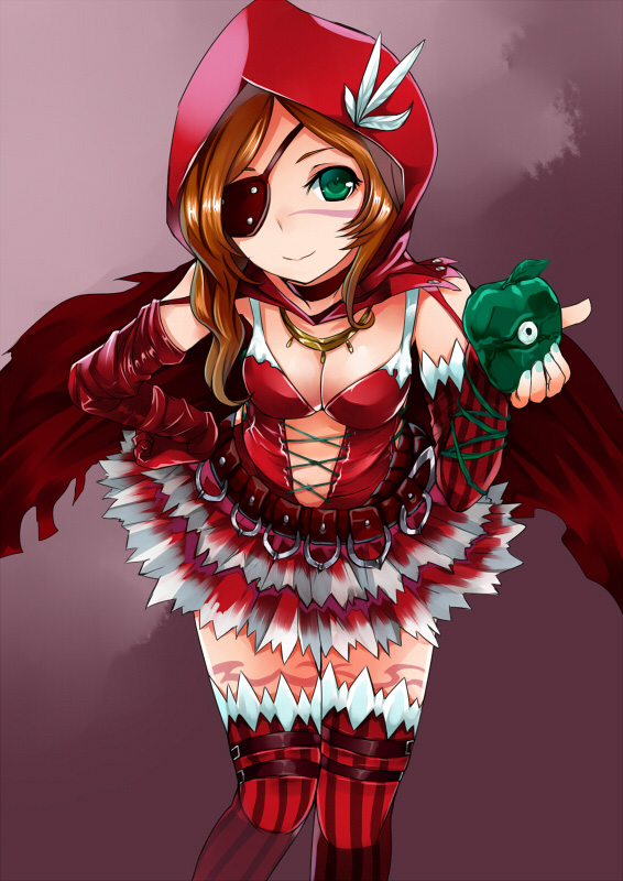 1girl, bare_shoulders, breasts, brown_hair, cleavage, dress, elbow_gloves, eyepatch, female_focus, gloves, green_eyes, hood, long_hair, sawamura_hikaru, similia, slime_(creature), smile, solo, soul_sacrifice, striped_clothes, striped_thighhighs, tattoo, thighhighs, wings