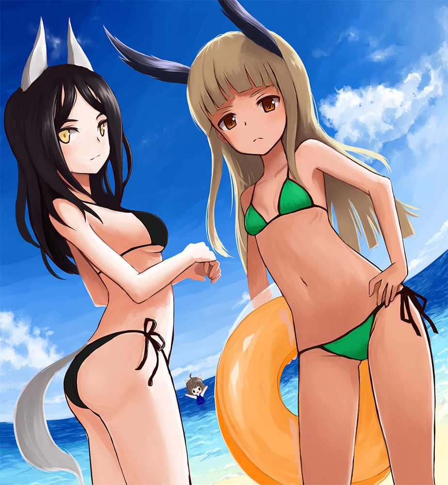 3girls, ahoge, animal_ears, ass, bad_id, bad_pixiv_id, beach, bikini, black_bikini, black_hair, blonde_hair, blue_one-piece_swimsuit, blunt_bangs, breasts, brown_hair, catocala, cloud, constantia_cantacuzino, cowboy_shot, day, dutch_angle, extra_ears, from_side, green_bikini, grete_m._gollob, hand_on_own_hip, head_wings, innertube, inufusa_yuno, long_hair, looking_at_viewer, midriff, multiple_girls, navel, ocean, one-piece_swimsuit, outdoors, side-tie_bikini_bottom, sky, small_breasts, standing, strike_witches, swim_ring, swimsuit, tail, thighs, water, wings, world_witches_series, yellow_eyes