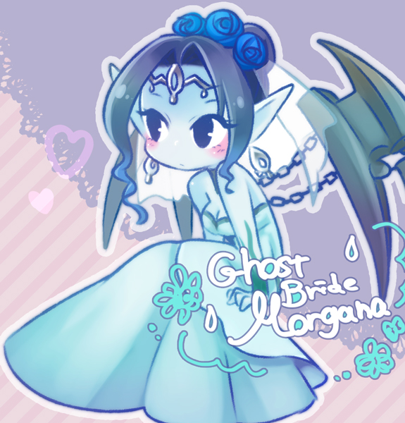 1girl, alternate_costume, alternate_hairstyle, black_eyes, black_hair, black_wings, blue_dress, blue_skin
