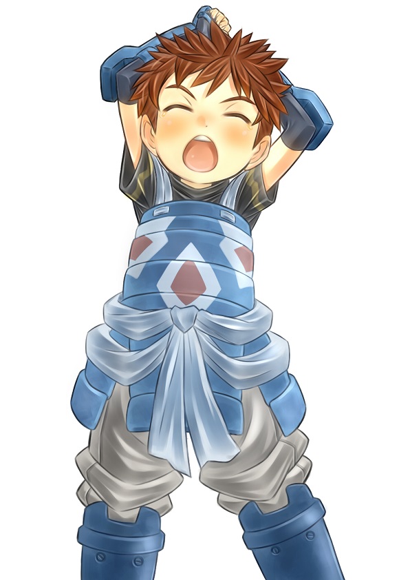 10s, 1boy, armor, arms_behind_head, blush, brown_hair, closed_eyes, fingerless_gloves, gloves, japanese_armor, kote, log_horizon, male_focus, open_mouth, rua_(dytto), rua_(pixiv292244), short_hair, solo, touya_(log_horizon), yawning