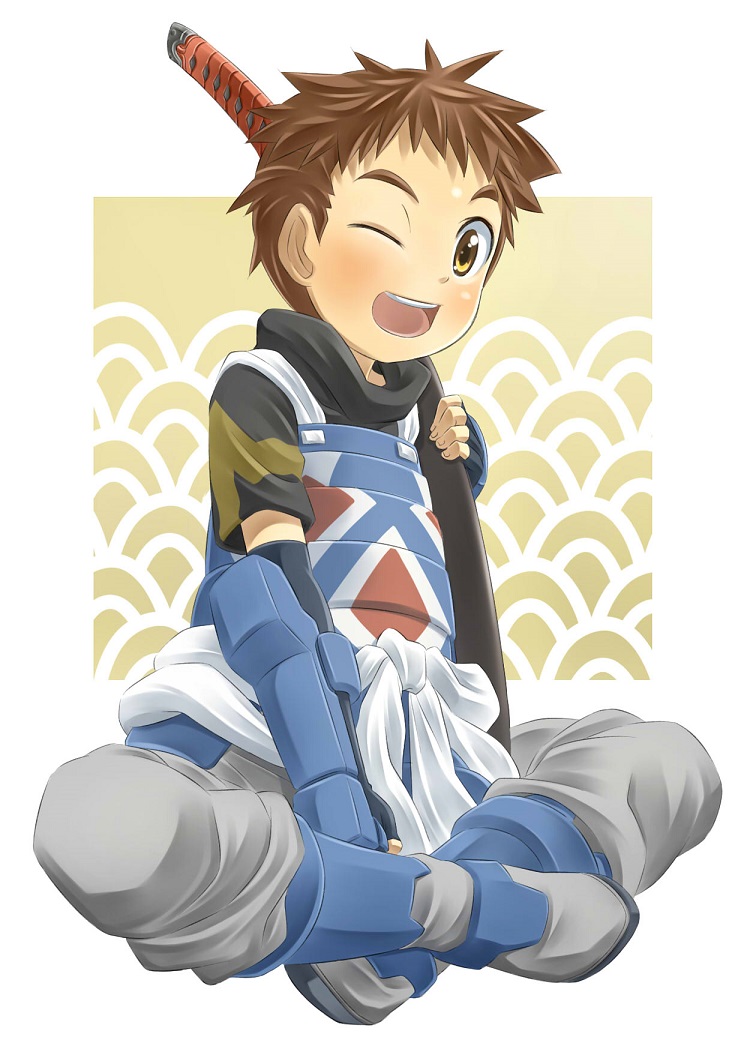 10s, 1boy, ;d, armor, blush, brown_eyes, brown_hair, fingerless_gloves