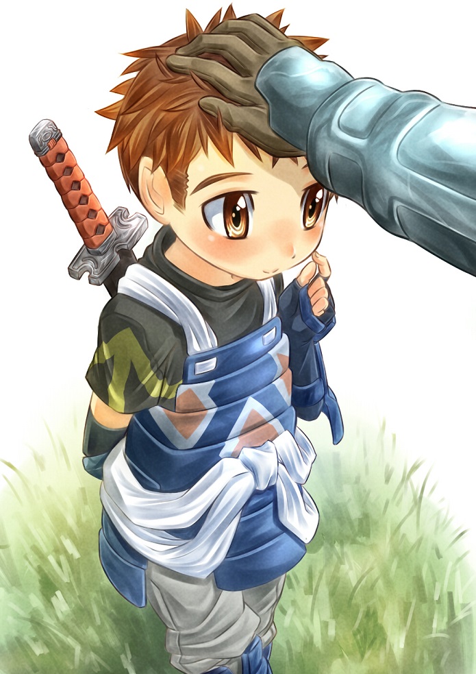 10s, 2boys, arm_behind_back, armor, blush, brown_eyes, brown_hair, embarrassed, finger_to_face, fingerless_gloves, gauntlets, gloves, grass, hand_on_head, japanese_armor, katana, kote, log_horizon, multiple_boys, headpat, rua_(dytto), rua_(pixiv292244), sheath, sheathed, short_hair, smile, solo_focus, sword, touya_(log_horizon), weapon