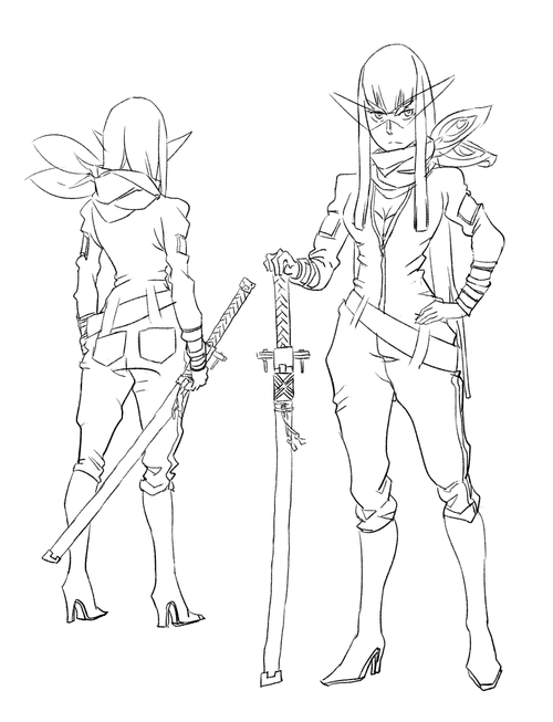 10s, 1girl, alternate_universe, animunerdery, belt, bodysuit, boots, breasts, character_profile, cleavage, greyscale, hand_on_own_hip, high_heel_boots, high_heels, junketsu, kamina_shades, kill_la_kill, kiryuuin_satsuki, knee_boots, lineart, long_hair, medium_breasts, monochrome, neckerchief, planted, planted_sword, planted_weapon, scabbard, scarf, senketsu, sheath, sword, triangular_eyewear, weapon, zipper