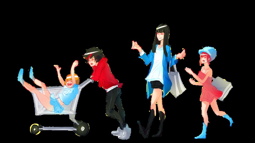 10s, 4girls, animunerdery, bag, black_hair, boots, casual, dress