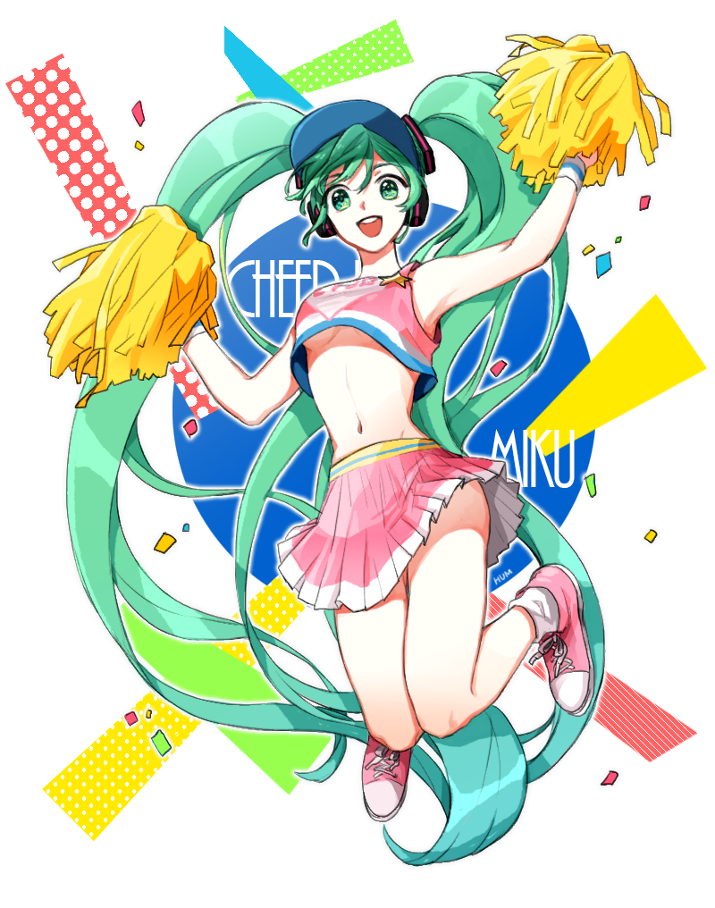 1girl, absurdly_long_hair, anniversary, aqua_eyes, aqua_hair, artist_name, artist_request, bare_legs, bare_shoulders, birthday, blue_eyes, blue_hair, breasts, cheerleader, clothes_writing, collarbone, dear_cocoa_girls_(vocaloid), female_focus, full_body, happy_birthday, hat, hatsune_miku, hatsune_miku_(cheer), headset, heaphones, holding, holding_pom_poms, hum_(fpswp777), jumping, long_hair, long_twintails, miniskirt, parted_lips, pink_shirt, pink_shoes, pink_skirt, pink_tank_top, plaid_clothes, plaid_skirt, pleated, pleated_skirt, pom_pom_(cheerleading), pom_poms, project_diva, project_diva_(series), shirt, shoes, skirt, smile, solo, star_(symbol), tank_top, teeth, text_focus, twintails, underboob, very_long_hair, visor_cap, vocaloid, wristband, yellow_pom_poms