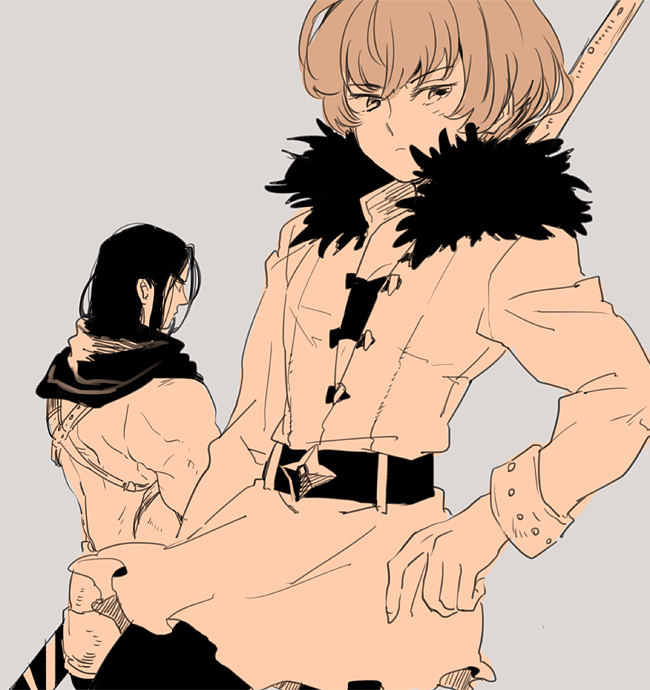 10s, 1boy, 1girl, bad_id, bad_pixiv_id, belt, black_hair, fur_trim, griamor, guttary, long_hair, monochrome, nanatsu_no_taizai, short_hair, veronica_liones