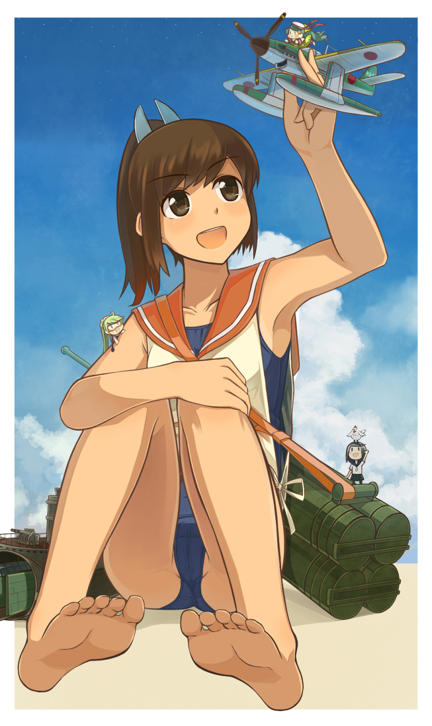 10s, 25mm_triple_autocannon_mount, 4girls, :d, aichi_m6a_seiran, aircraft, airplane, animal, animal_on_head, arm_up, armpits, baby_animal, bad_id, bad_pixiv_id, barefoot, bird, bird_on_head, brown_eyes, brown_hair, cameltoe, chick, fairy_(kancolle), feet, floatplane, hand_on_own_knee, highres, i-400-class-submarine, i-401, i-401_(kancolle), kantai_collection, kazumania, mini_person, minigirl, mother_ship, multiple_girls, on_head, open_mouth, parasite_aircraft, personification, ponytail, school_swimsuit, school_uniform, seaplane, seiran_(kancolle), short_hair, sitting, smile, soles, submarine, submarine_aircraft_carrier, swimsuit, swimsuit_under_clothes, toes, watercraft