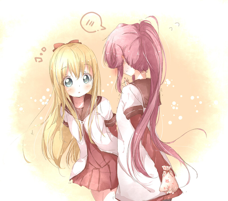 2girls, :o, bad_id, bad_pixiv_id, black_legwear, blonde_hair, blush, bow