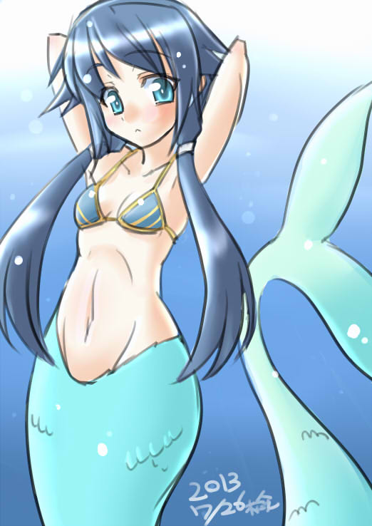 10s, 1girl, 2013, armpits, arms_up, bad_id, bad_pixiv_id, bikini, bikini_top_only, blue_bikini, blue_eyes, blue_hair, blush, borrowed_character, female_focus, fukami_nana_(awono_nanaumi), long_hair, looking_at_viewer, matching_hair/eyes, mermaid, monster_girl, nire_nanaki, original, solo, swimsuit