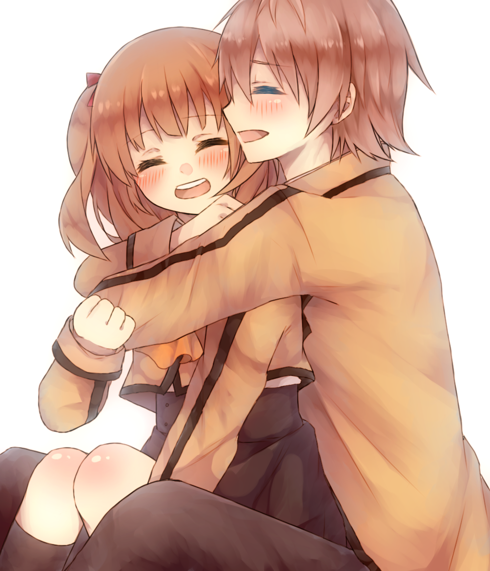 10s, 1boy, 1girl, brown_hair, couple, closed_eyes, hetero, hisanuma_sayu