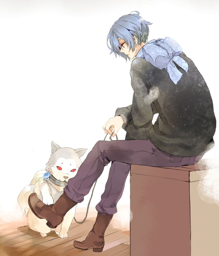 1boy, animal, blue_eyes, blue_hair, dog, iriya_(lonesome), iriya_kun, koromaru_(persona)