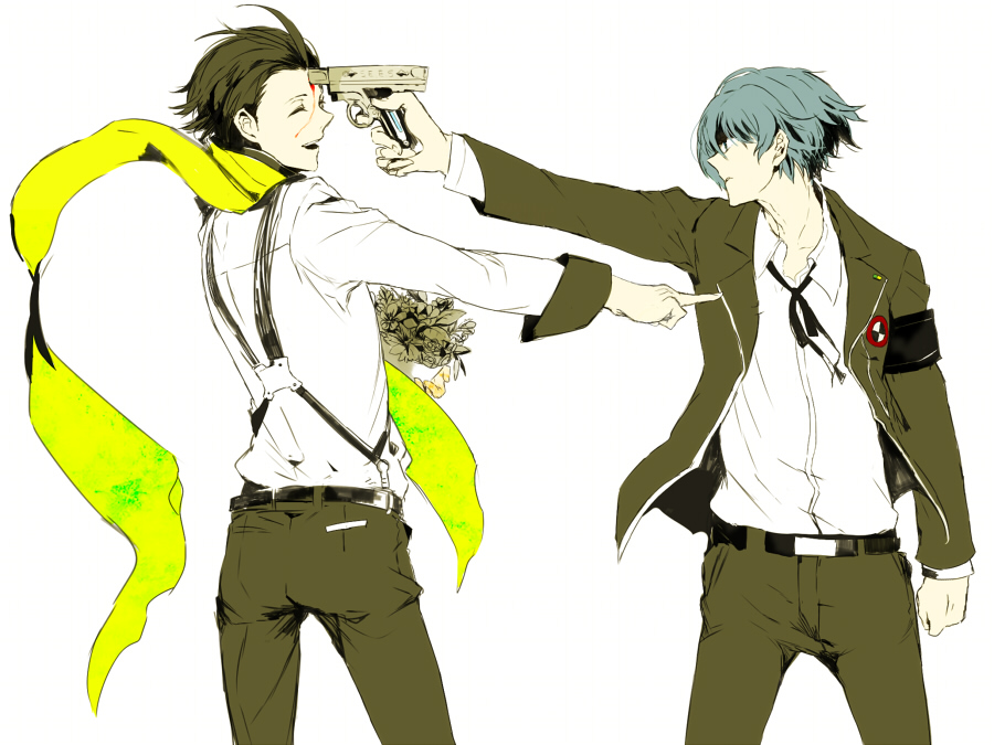 2boys, armband, black_hair, blood, blue_eyes, blue_hair, bow, evoker