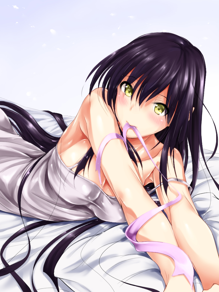 10s, 1girl, bare_shoulders, bed_sheet, blush, breasts, cleavage, dendendert