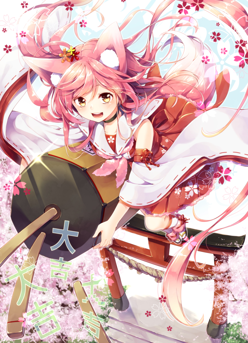 1girl, animal_ears, bad_id, bad_pixiv_id, bare_shoulders, cherry_blossoms, dress, female_focus, floral_print, flying, fox_ears, fox_girl, fox_tail, hair_ornament, highres, japanese_clothes, long_hair, looking_at_viewer, lottery, miko, neckerchief, nontraditional_miko, omikuji, open_mouth, original, pink_hair, red_dress, sakura_mochi_(sakuragi_ren), sakuragi_ren, sakuramochi_(sakuragi), sakuramochi_(sakuragi_ren), sandals, smile, socks, solo, tabi, tail, torii, tree, very_long_hair, wide_sleeves, yellow_eyes