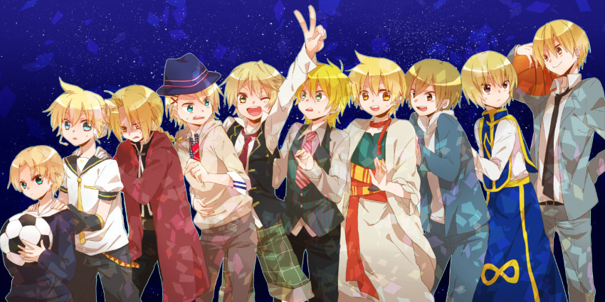 00s, 10s, 6+boys, alibaba_saluja, aoto_gonzales_takuma, aqua_eyes, bad_id, bad_pixiv_id, ball, basketball, basketball_(object), blonde_hair, blue_eyes, blush, brown_eyes, child, coat, color_connection, crossover, durarara!!, edward_elric, fullmetal_alchemist, ginga_e_kickoff!!, green_eyes, hat, hood, hoodie, hunter_x_hunter, kagamine_len, kida_masaomi, kise_ryouta, kurapika, kurenai_ouji, kuroko_no_basuke, kurusu_shou, long_hair, magi_the_labyrinth_of_magic, male_focus, multiple_boys, necktie, one_eye_closed, oz_vessalius, pandora_hearts, ponytail, sakura_kojirou, school_uniform, short_hair, soccer_ball, sweat, telstar, trait_connection, uta_no_prince-sama, v, vest, vocaloid, wink, yamabukiiro, yellow_eyes