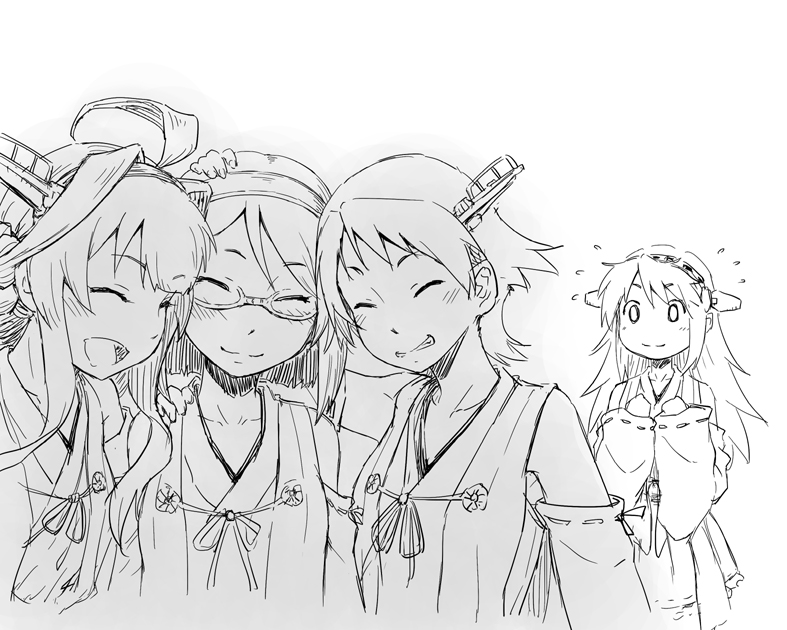 10s, 4girls, closed_eyes, greyscale, hairband, hands_up, haruna_(kancolle), hiei_(kancolle)