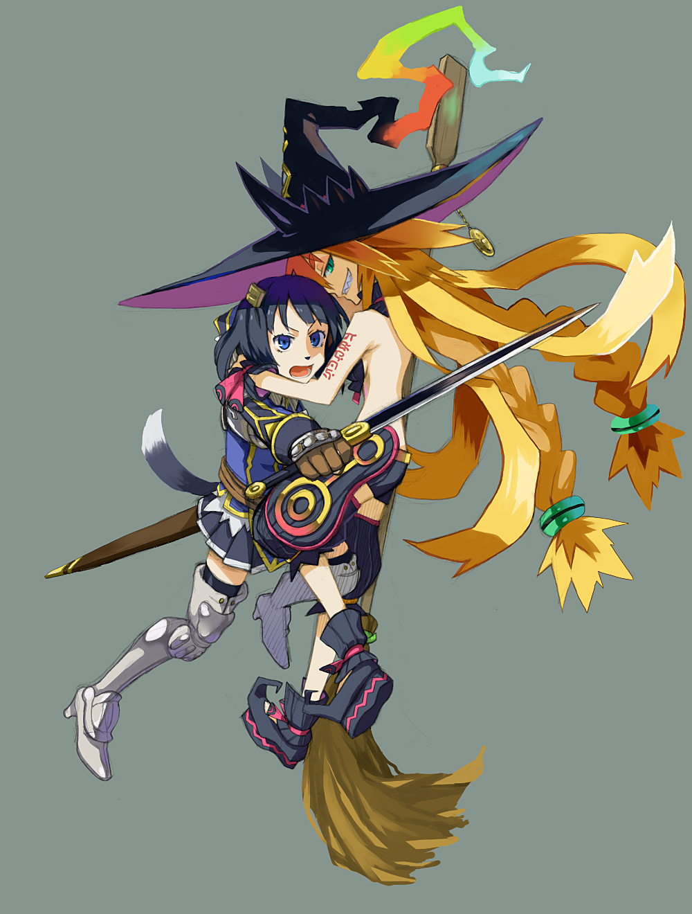 2girls, animal_nose, armor, back, black_hair, blonde_hair, blue_eyes, boots