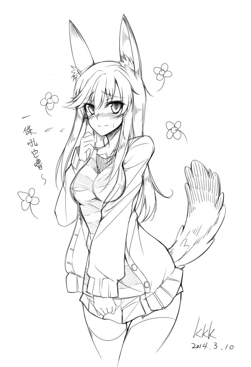 1girl, 2014, animal_ears, blush, breasts, dated, female_focus, greyscale