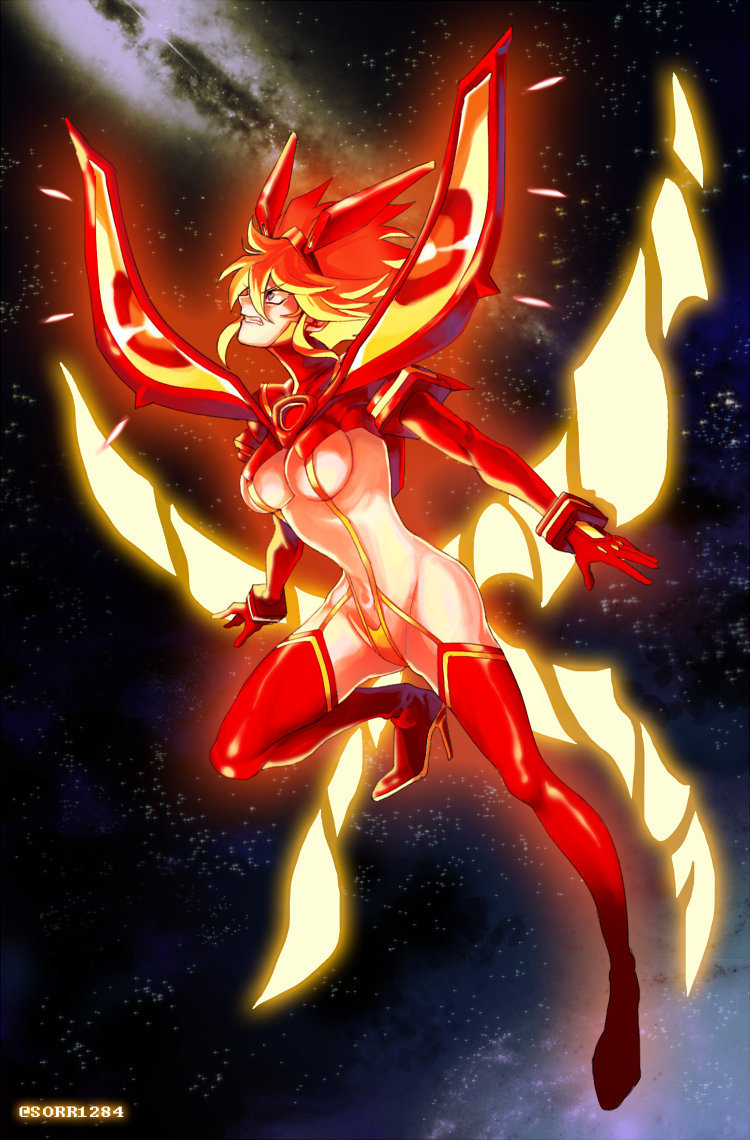 10s, 1girl, aura, bad_id, bad_pixiv_id, blonde_hair, blue_eyes, boots, breasts, female_focus, glowing, headgear, high_heels, kill_la_kill, kiru_(sorr5042), matoi_ryuuko, revealing_clothes, senketsu, senketsu-kisaragi, solo, space, spoilers, star_(sky), thigh_boots, thighhighs, twitter_username, underboob