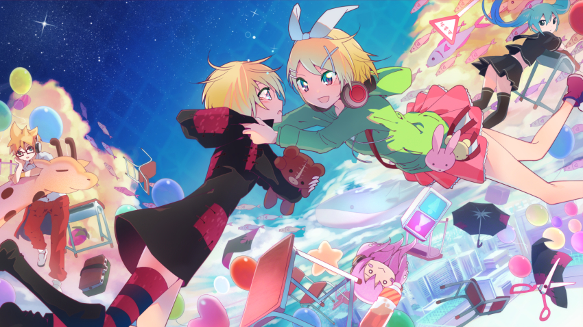 1boy, 3girls, aqua_eyes, bad_id, bad_pixiv_id, bespectacled, blonde_hair, boots, dual_persona, floating, glasses, hair_ornament, hair_ribbon, hairclip, hatsune_miku, highres, hood, hoodie, inamori_ryusa, kagamine_len, kagamine_len_(school_jersey), kagamine_rin, kagamine_rin_(melancholy), kagamine_rin_(scissors), knee_boots, megurine_luka, melancholic_(vocaloid), multiple_girls, project_diva_(series), project_diva_f, ribbon, short_hair, skirt, songover, takoluka, tokyo_teddy_bear_(vocaloid), vocaloid