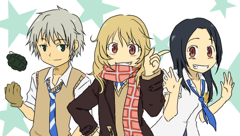 1boy, 2girls, akatsuki_remon, black_hair, blonde_hair, coat, coppelion, explosive, gloves, green_eyes, grenade, hyadain_no_kakakata_kataomoi_-_c, kurosawa_haruto, long_hair, multiple_girls, necktie, nichijou, ozu_kanon, ozu_shion, parody, red_eyes, scarf, school_uniform, short_sleeves, siblings, silver_hair, sisters, sleeves_rolled_up, star_(symbol), striped_clothes, striped_necktie, striped_neckwear, sweater_vest, tokisadame_school_uniform