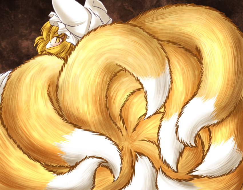 1girl, blonde_hair, female_focus, fox_tail, hat, multiple_tails, mumumu, solo