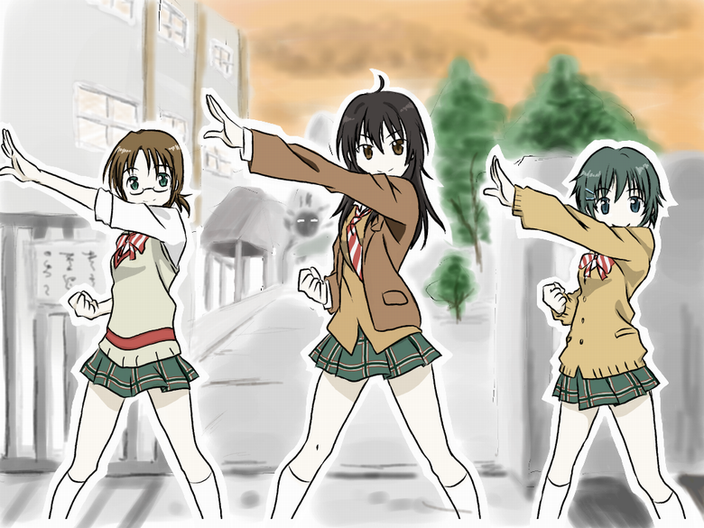 3girls, akatsuki_remon, black_hair, bow, bowtie, brown_eyes, brown_hair, cardigan