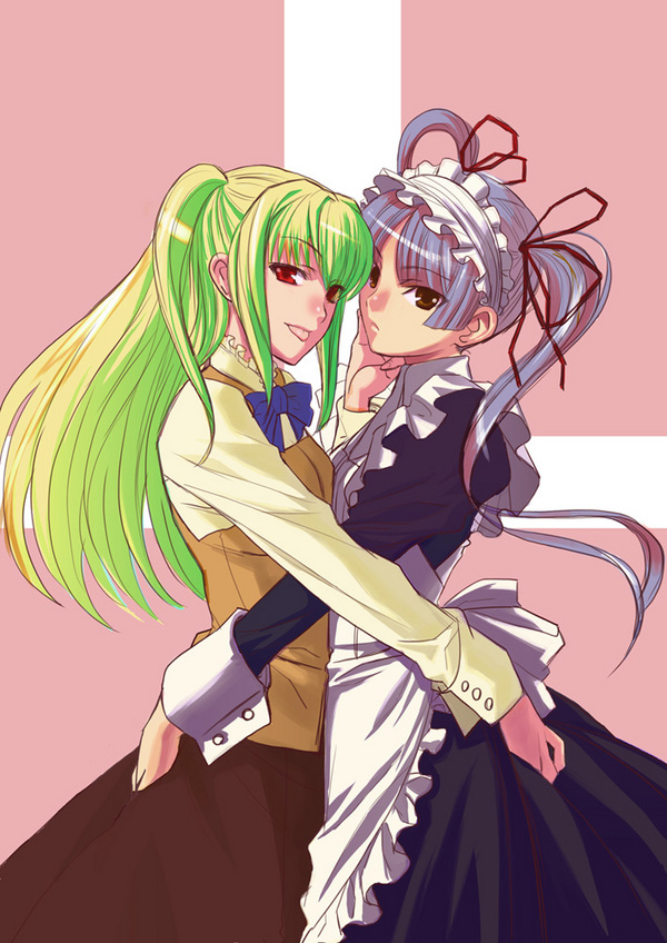 1boy, 1girl, :p, apron, blonde_hair, blouse, brown_eyes, crossdressing