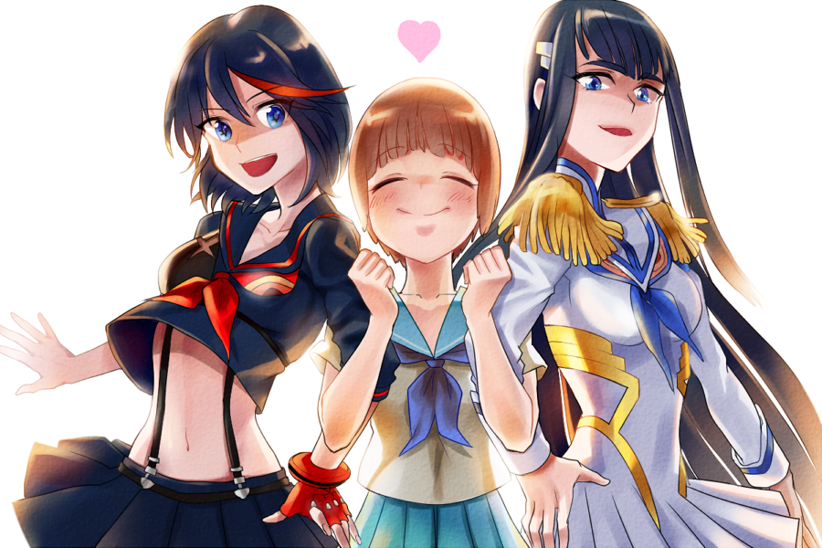 10s, 3girls, aruze, bad_id, bad_pixiv_id, black_hair, blue_eyes, blush, brown_eyes, brown_hair, closed_eyes, crop_top, crop_top_overhang, fingerless_gloves, gloves, happy, heart, junketsu, kill_la_kill, kiryuuin_satsuki, locked_arms, long_hair, mankanshoku_mako, matoi_ryuuko, midriff, multiple_girls, navel, open_mouth, school_uniform, senketsu, smile