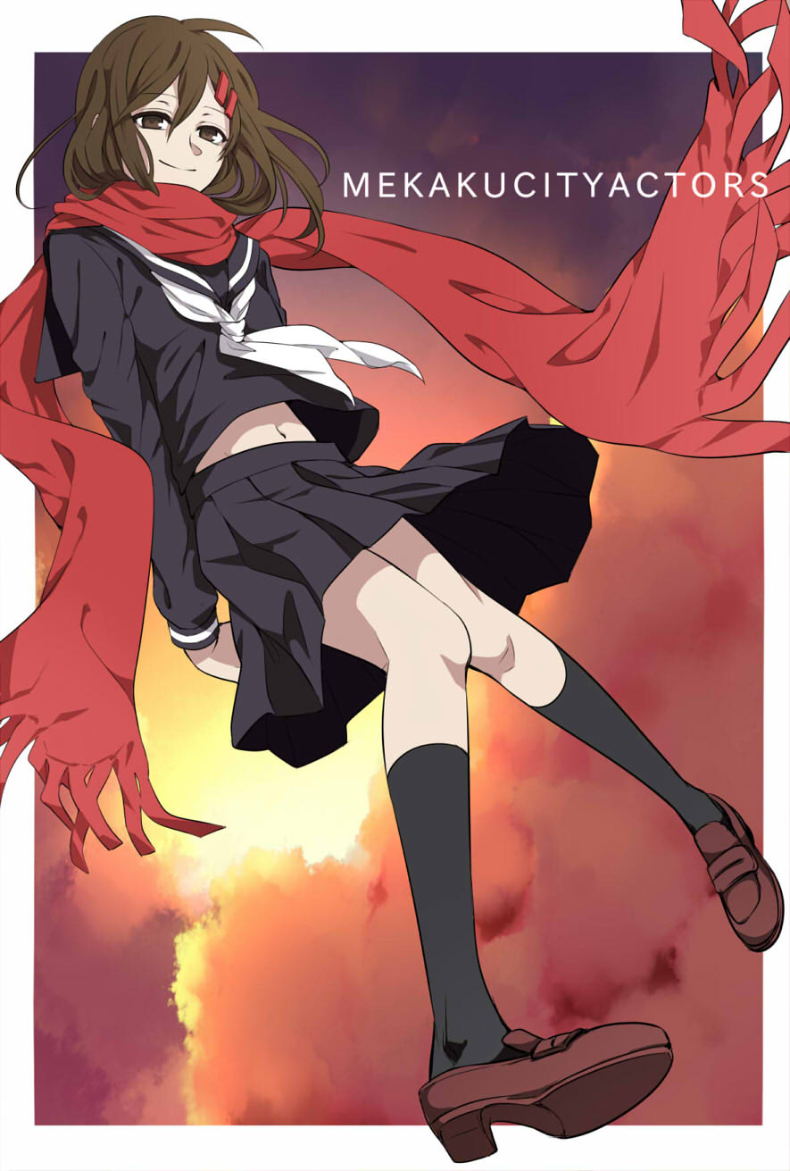 1girl, black_legwear, brown_eyes, brown_hair, enpera, female_focus, fringe_trim, hair_ornament