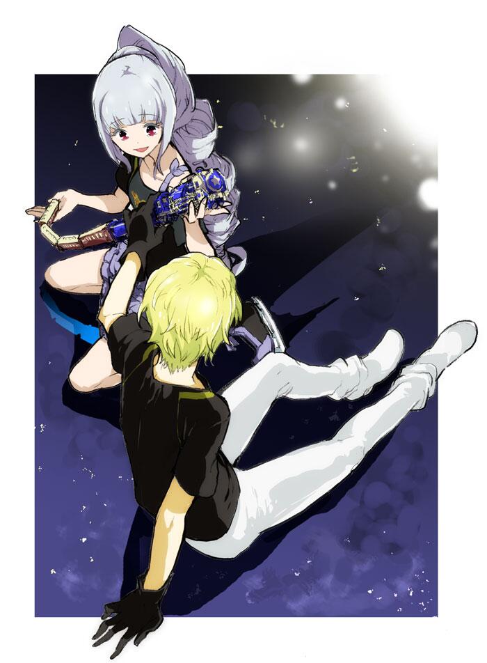 1girl, amou_june, bad_id, bad_twitter_id, black_gloves, blonde_hair, curly_hair, denim