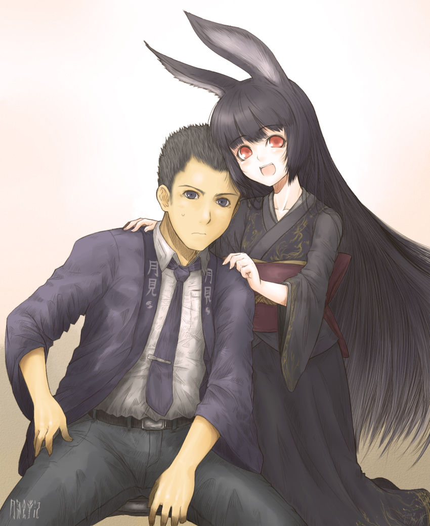 1boy, 1girl, animal_ears, black_hair, borrowed_character, hakuyou_youji, highres, japanese_clothes