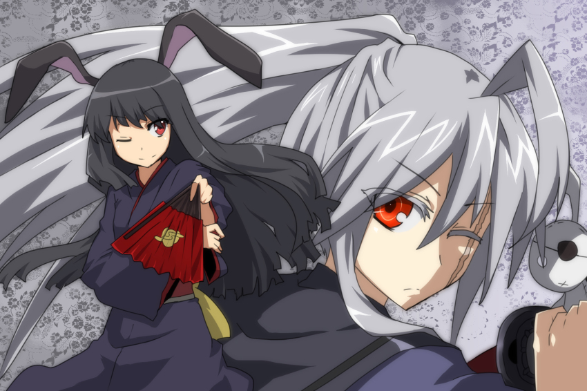 2girls, akatoro_(nightlord), animal_ears, black_hair, borrowed_character, rabbit_ears, eyepatch, hatamoto_(kotoba)