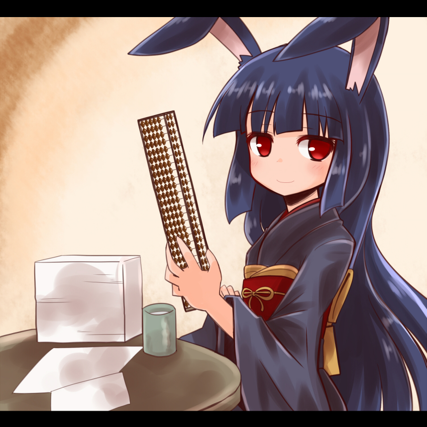 1girl, animal_ears, blue_hair, blush, female_focus, highres, japanese_clothes, kimono